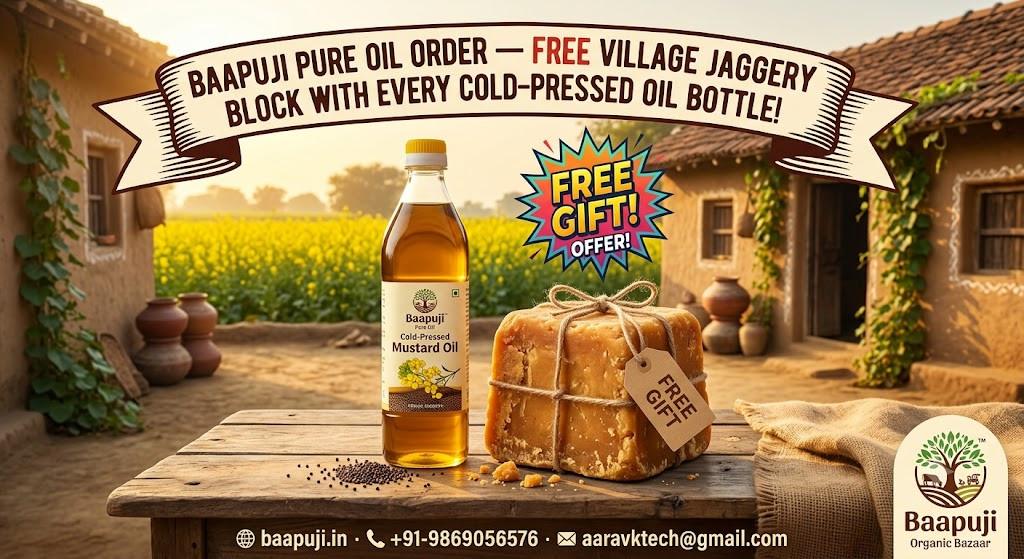 Baapuji Pure Oil Order — FREE Village Jaggery Block with Every Cold-Pressed Oil Bottle!
