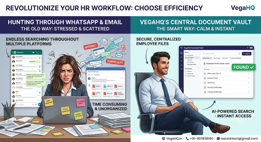 Hunting Through WhatsApp & Email for Employee Documents vs VegaHQ's Central Document Vault: Old Way vs Smart Way