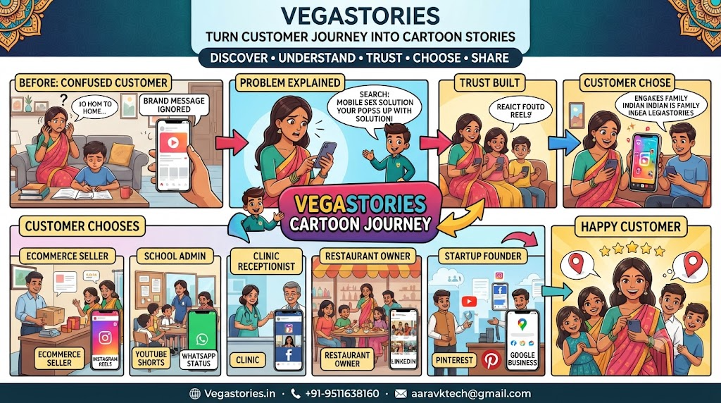 Customer Journey Se Cartoon Story: show how a buyer discovers, trusts and chooses a business
