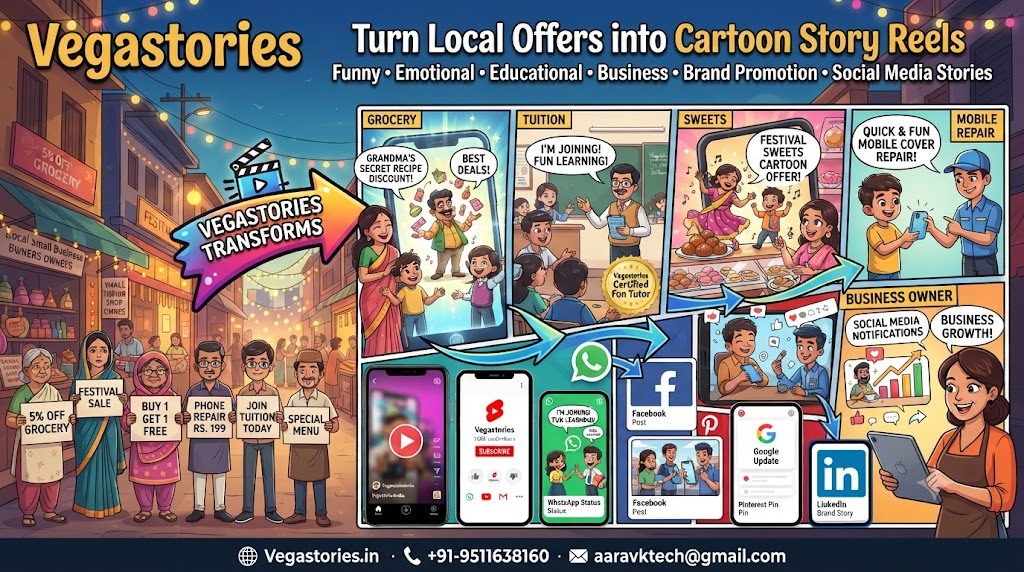 Mohalla Offer Story Reels: turn local shop discounts, festival offers and product promotions into funny Indian cartoon stories