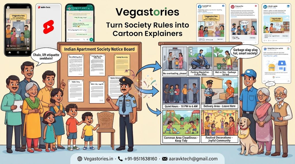 Apartment Society Rule Explainers: Turn Notices into Friendly Indian Cartoon Stories