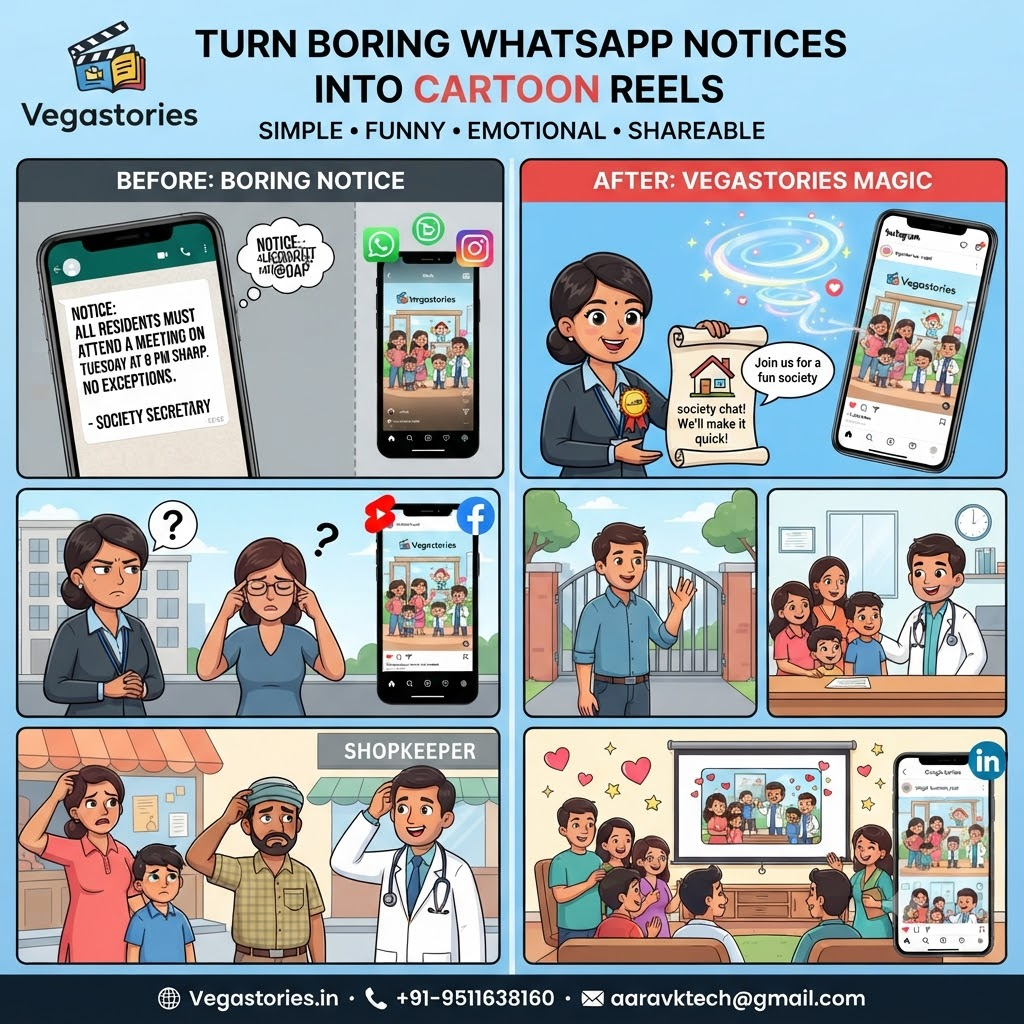WhatsApp Notice to Cartoon Reel: turn boring community messages into cute Indian story updates
