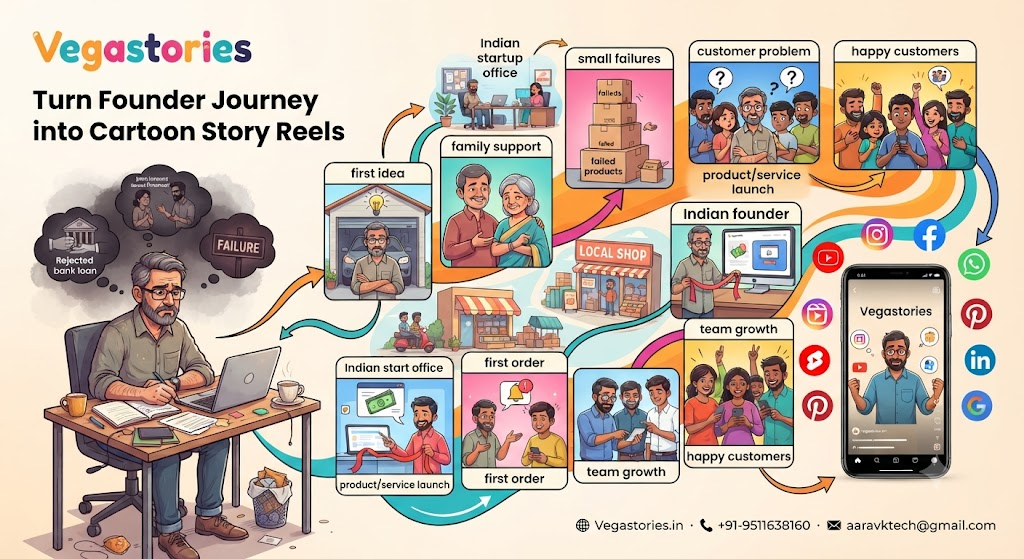 Founder Journey Cartoon Shorts: Turn Real Struggle, Startup Story and Brand Trust into Shareable Indian Reels