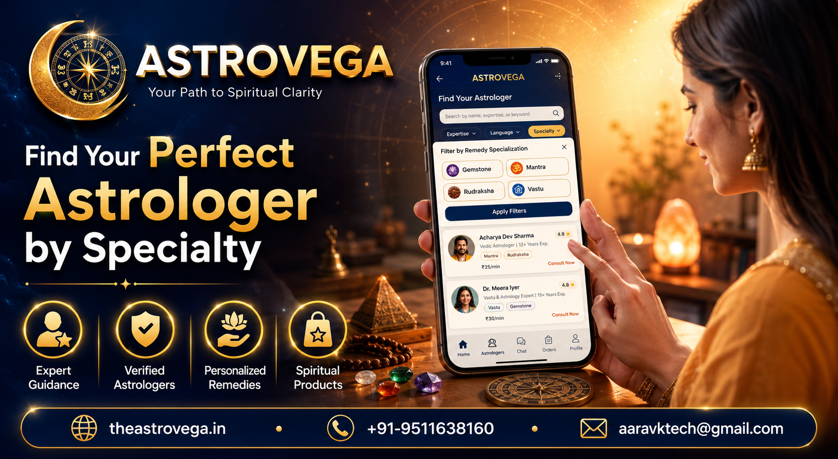 Lesser-known AstroVega feature: filter astrologers by their specific remedy specialization (mantra, gemstone, rudraksha, vastu) not just general astrology skill