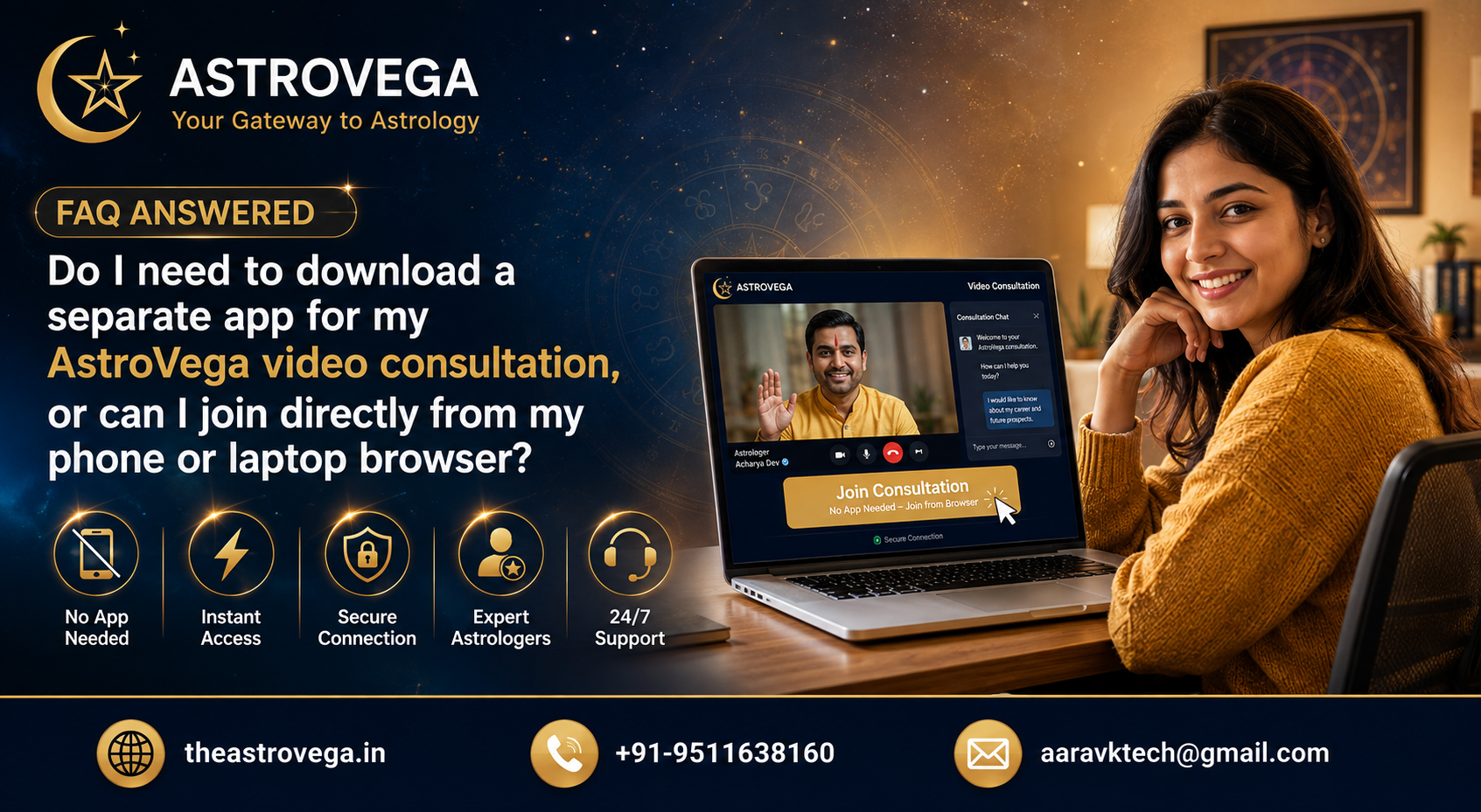 FAQ answered: Do I need to download a separate app for my AstroVega video consultation, or can I join directly from my phone or laptop browser?