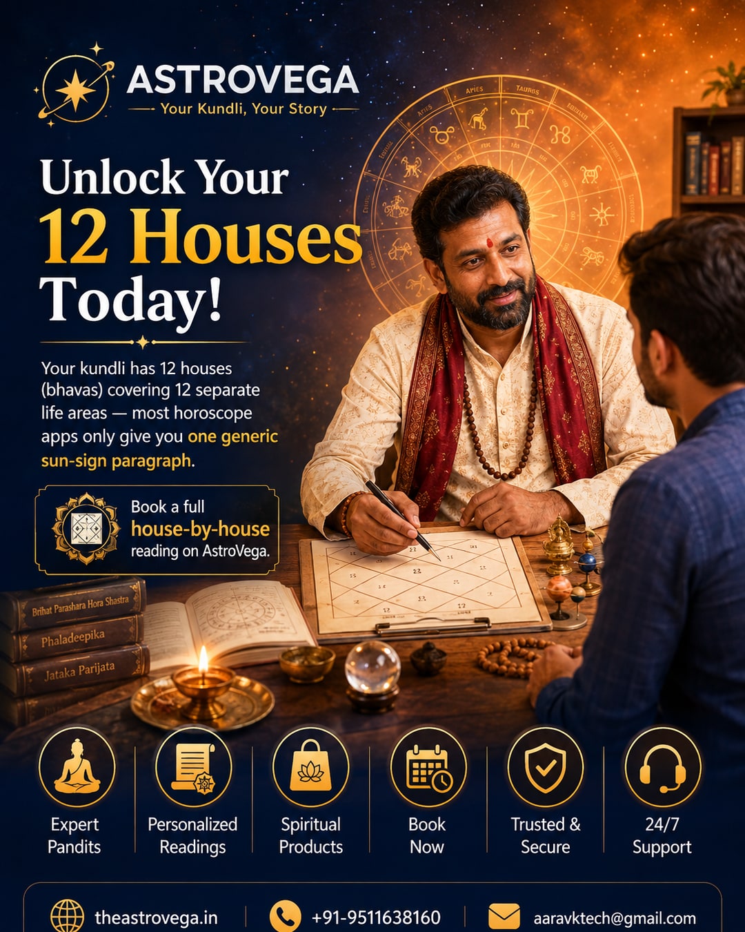 Bold stat hook: your kundli has 12 houses (bhavas) covering 12 separate life areas — most horoscope apps only give you one generic sun-sign paragraph. Book a full house-by-house reading on AstroVega.