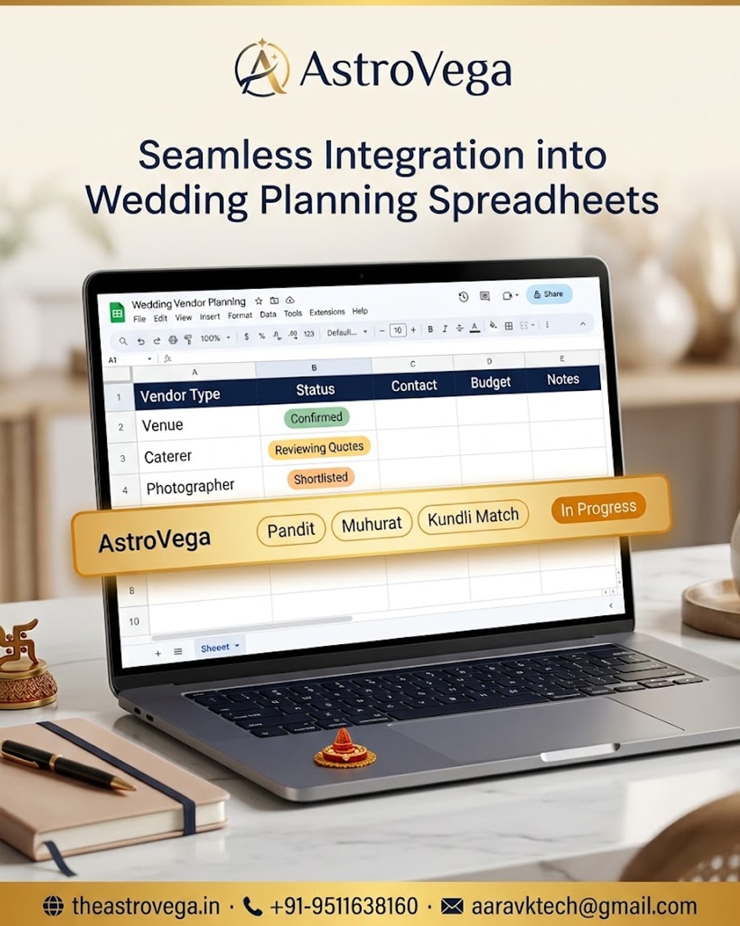 AstroVega fits right into the wedding-planning spreadsheet you already use — muhurat, kundli matching & pandit booking sit as one row next to caterer, venue and photographer, not a separate app to track
