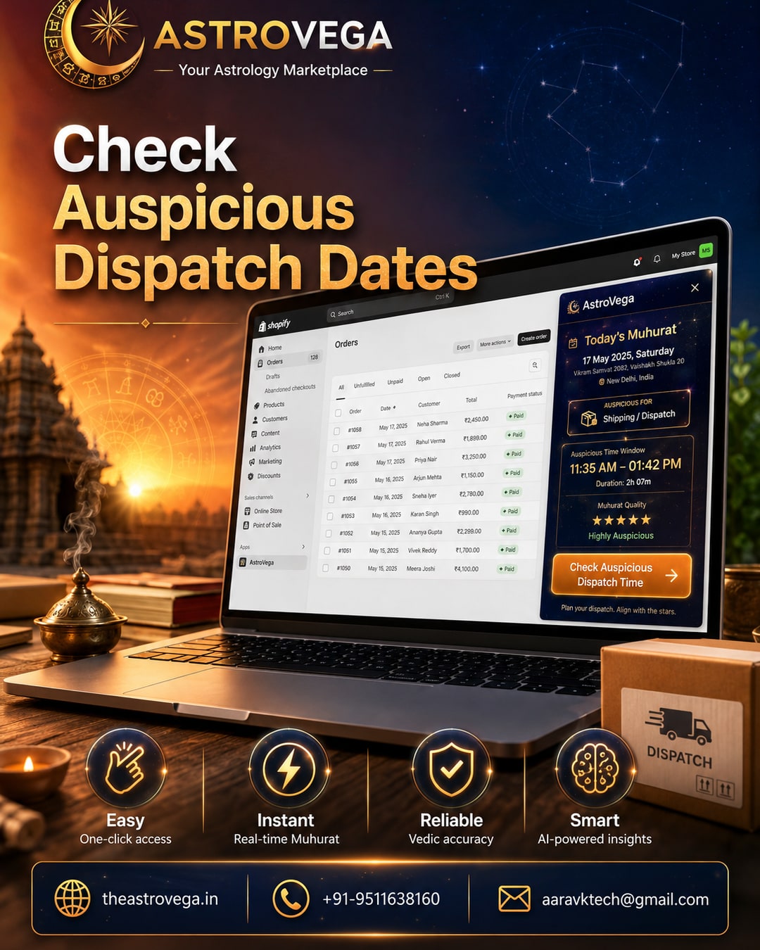 AstroVega inside your existing online seller dashboard: check auspicious dispatch dates without switching apps