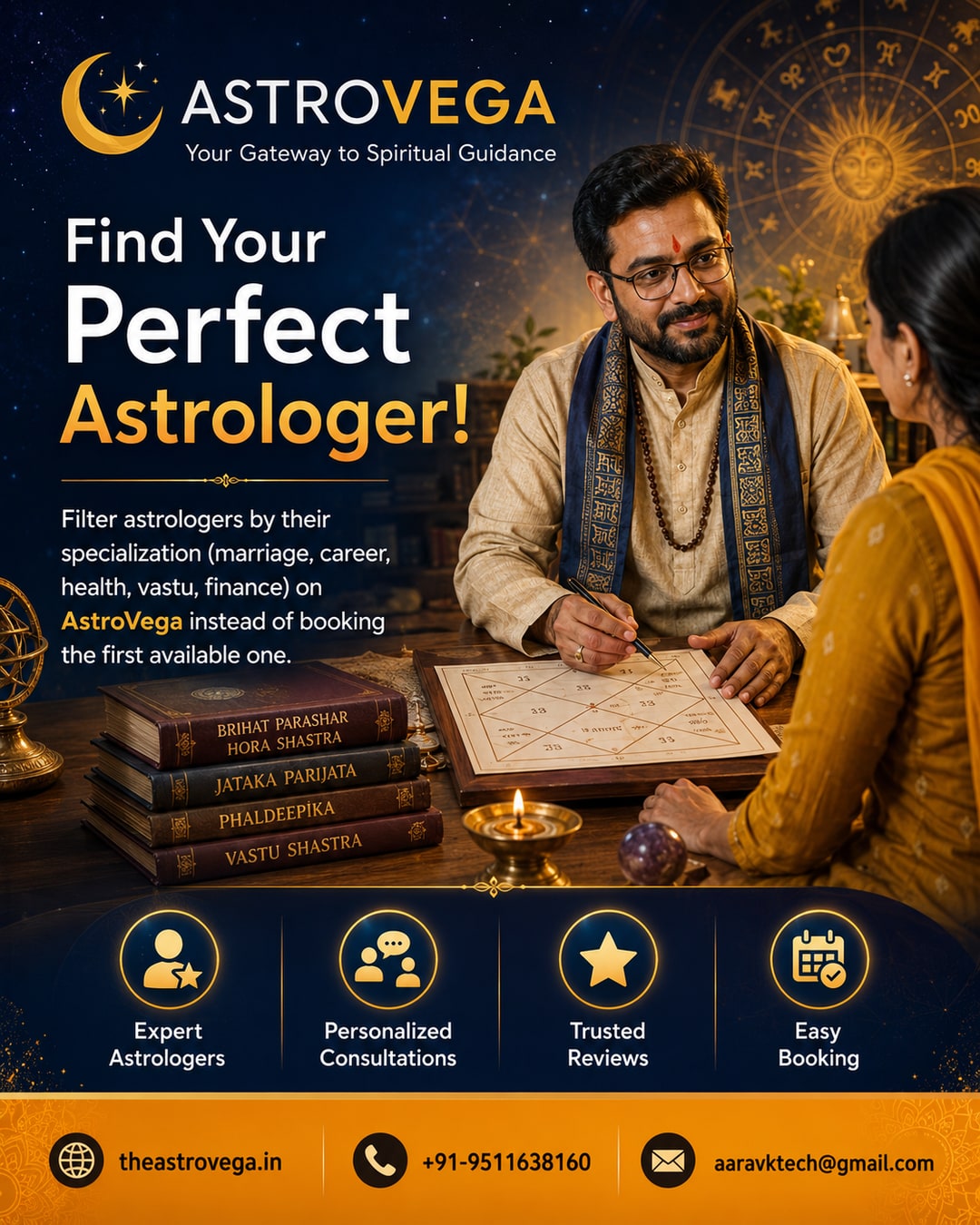 Quick Tip: Filter astrologers by their specialization (marriage, career, health, vastu, finance) on AstroVega instead of booking the first available one