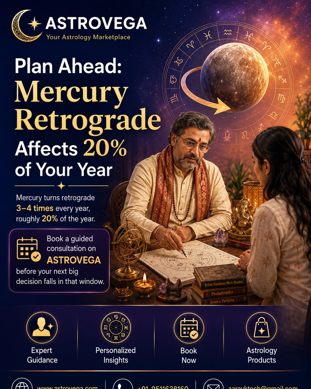 Bold stat hook: Mercury turns retrograde 3-4 times every year, roughly 20% of the year - book a guided consultation on AstroVega before your next big decision falls in that window