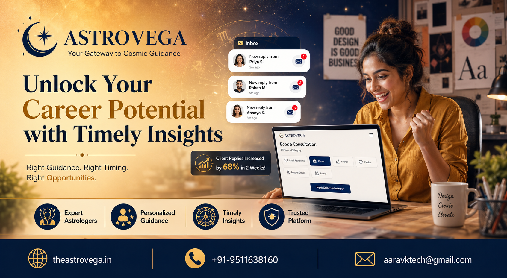 Customer success story: a freelance graphic designer booked an AstroVega career astrology consultation before pitching to new clients, followed the astrologer's suggested timing to send proposals, and tracked a real rise in client replies on her own freel
