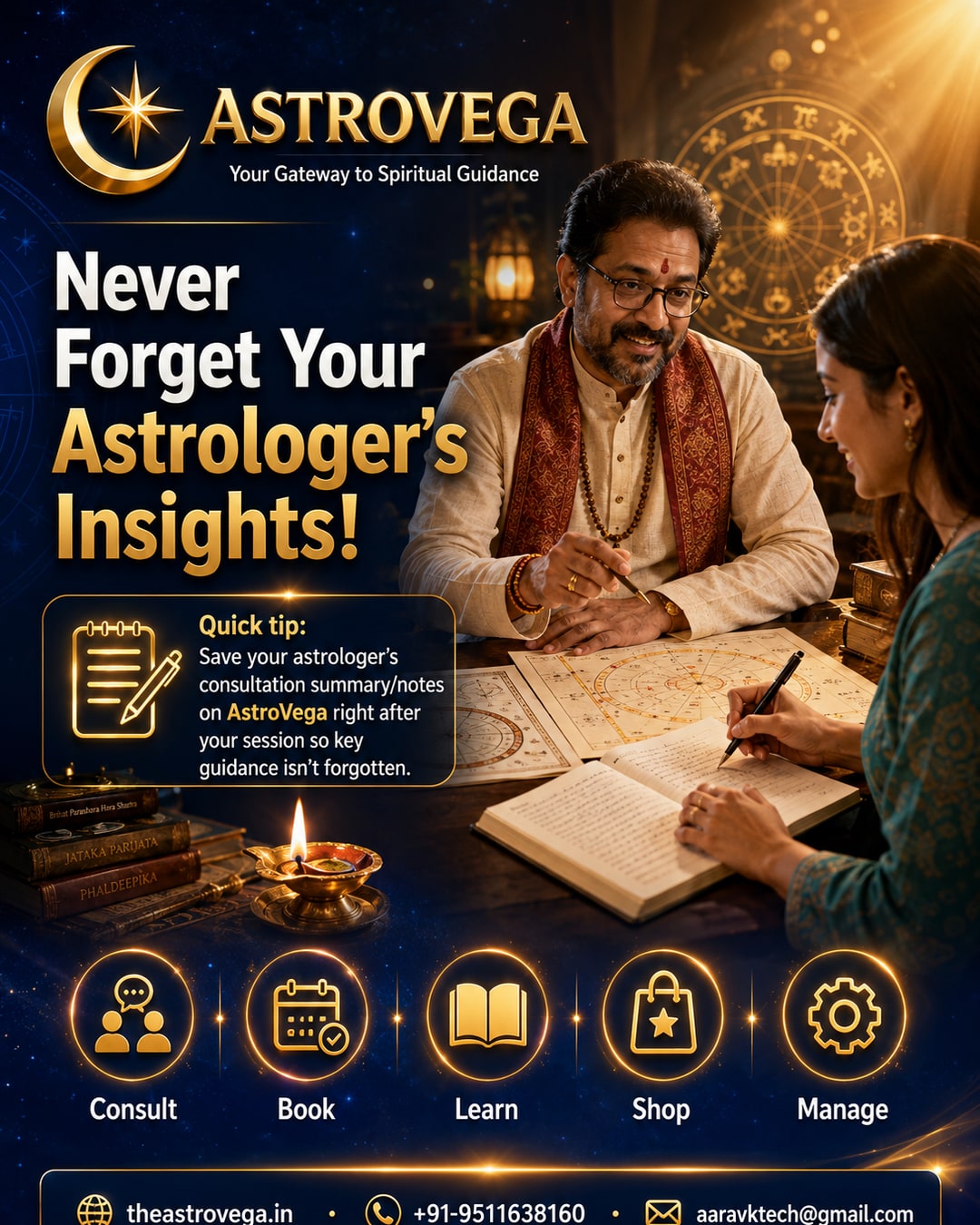 Quick tip: Save your astrologer's consultation summary/notes on AstroVega right after your session so key guidance isn't forgotten