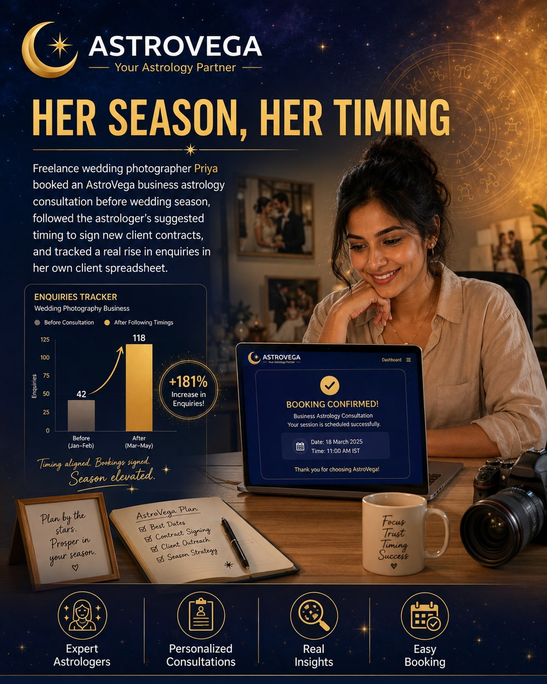 Customer success story: a freelance wedding photographer booked an AstroVega business astrology consultation before wedding season, followed the astrologer's suggested timing to sign new client contracts, and tracked a real rise in enquiries in her own cl
