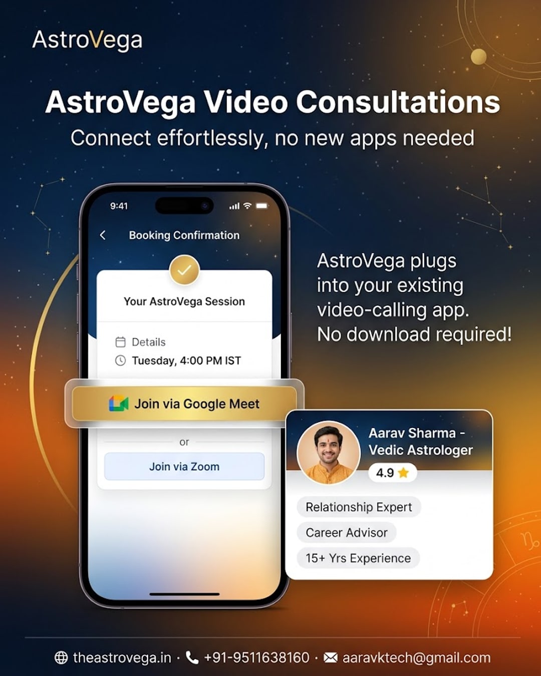 AstroVega video consultations plug into the video-calling app already on your phone (Google Meet/Zoom) so you join your astrologer call without downloading anything new