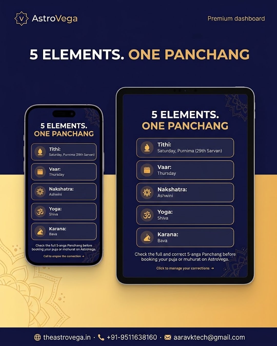Bold stat hook: Panchang has 5 core elements (Panchang = 5 Angas) - Tithi, Vaar, Nakshatra, Yoga, Karana - not just a date on a calendar. Check the full 5-anga Panchang before booking your puja or muhurat on AstroVega.