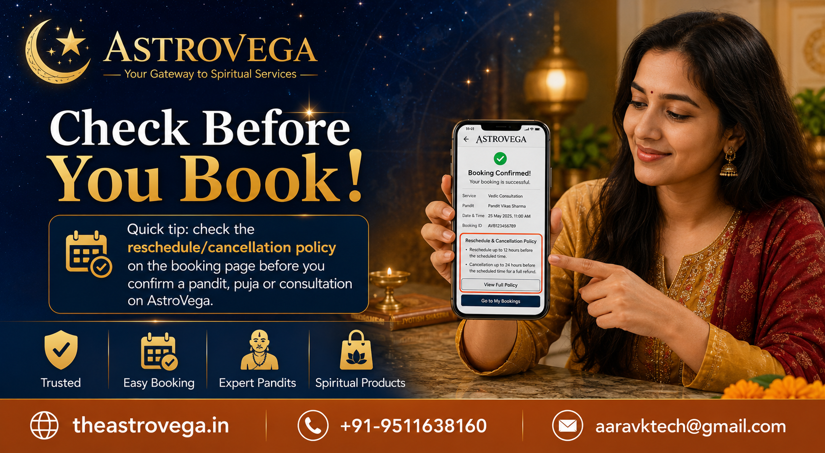 Quick tip: check the reschedule/cancellation policy on the booking page before you confirm a pandit, puja or consultation on AstroVega