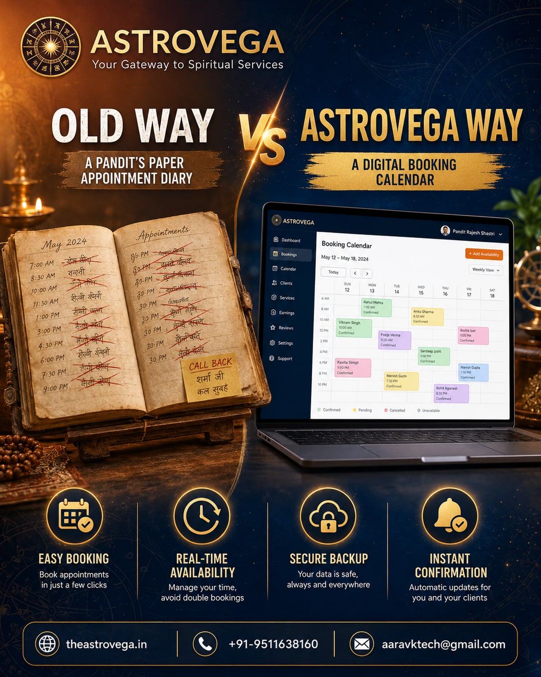 Old Way vs AstroVega Way: A Pandit's Paper Appointment Diary vs a Digital Booking Calendar