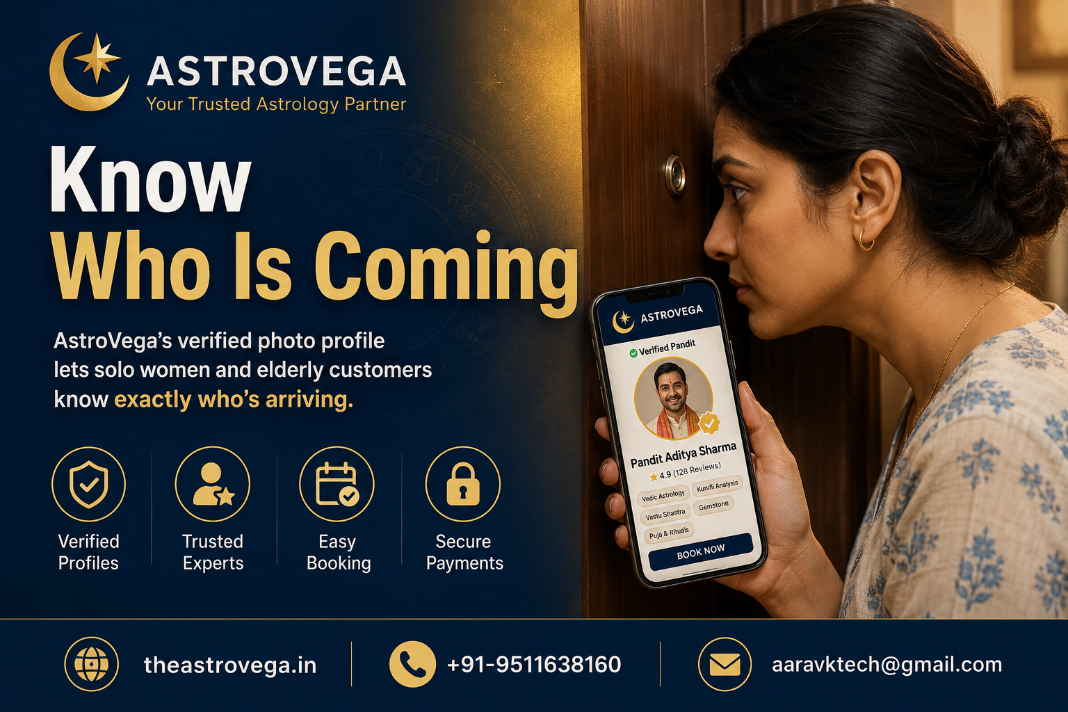 The home-safety pause before opening the door to an unfamiliar Pandit - how AstroVega's verified photo profile lets solo women and elderly customers know exactly who's arriving