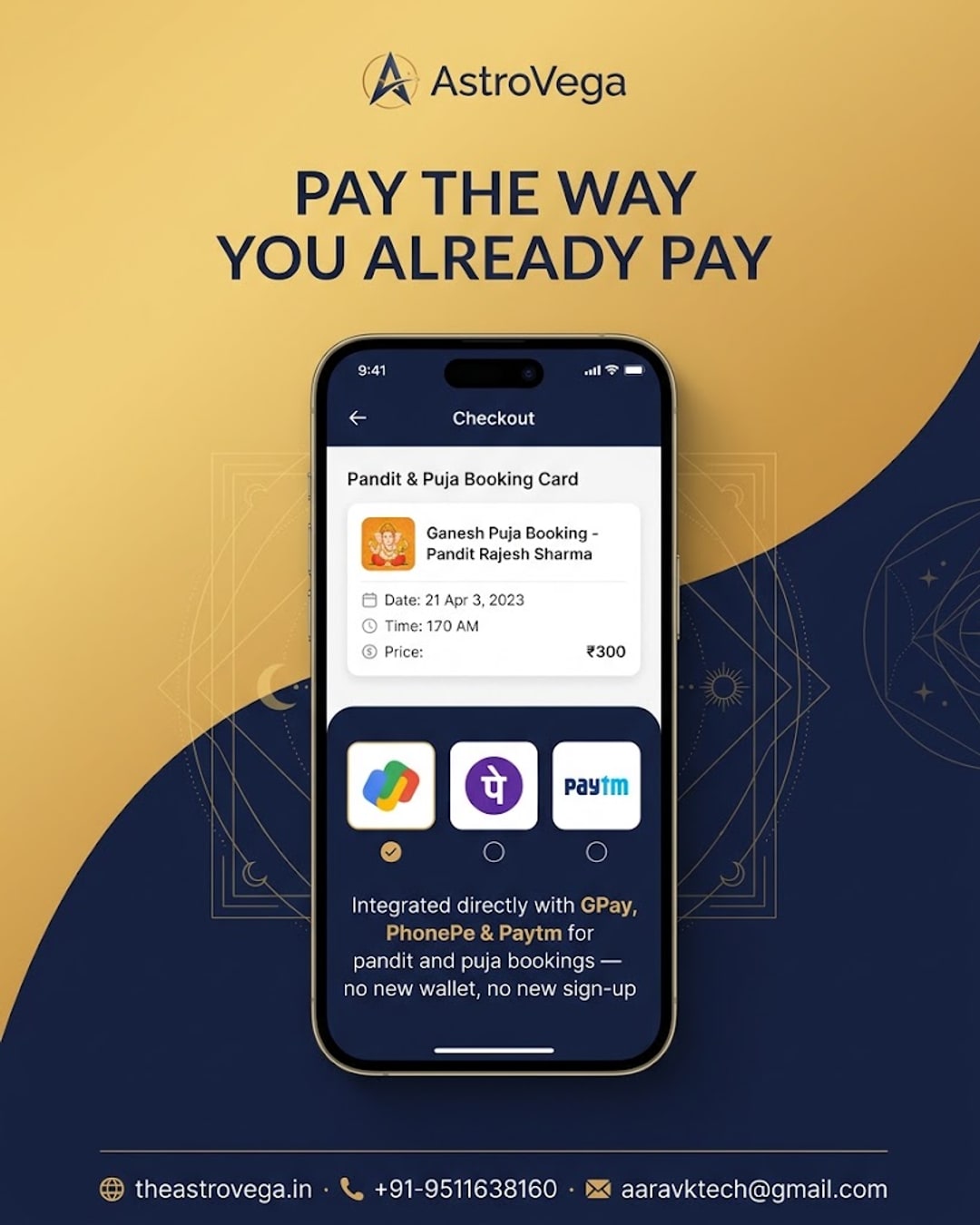 Pay with the UPI app you already use: AstroVega checkout integrates directly with GPay, PhonePe & Paytm for pandit and puja bookings — no new wallet, no new sign-up