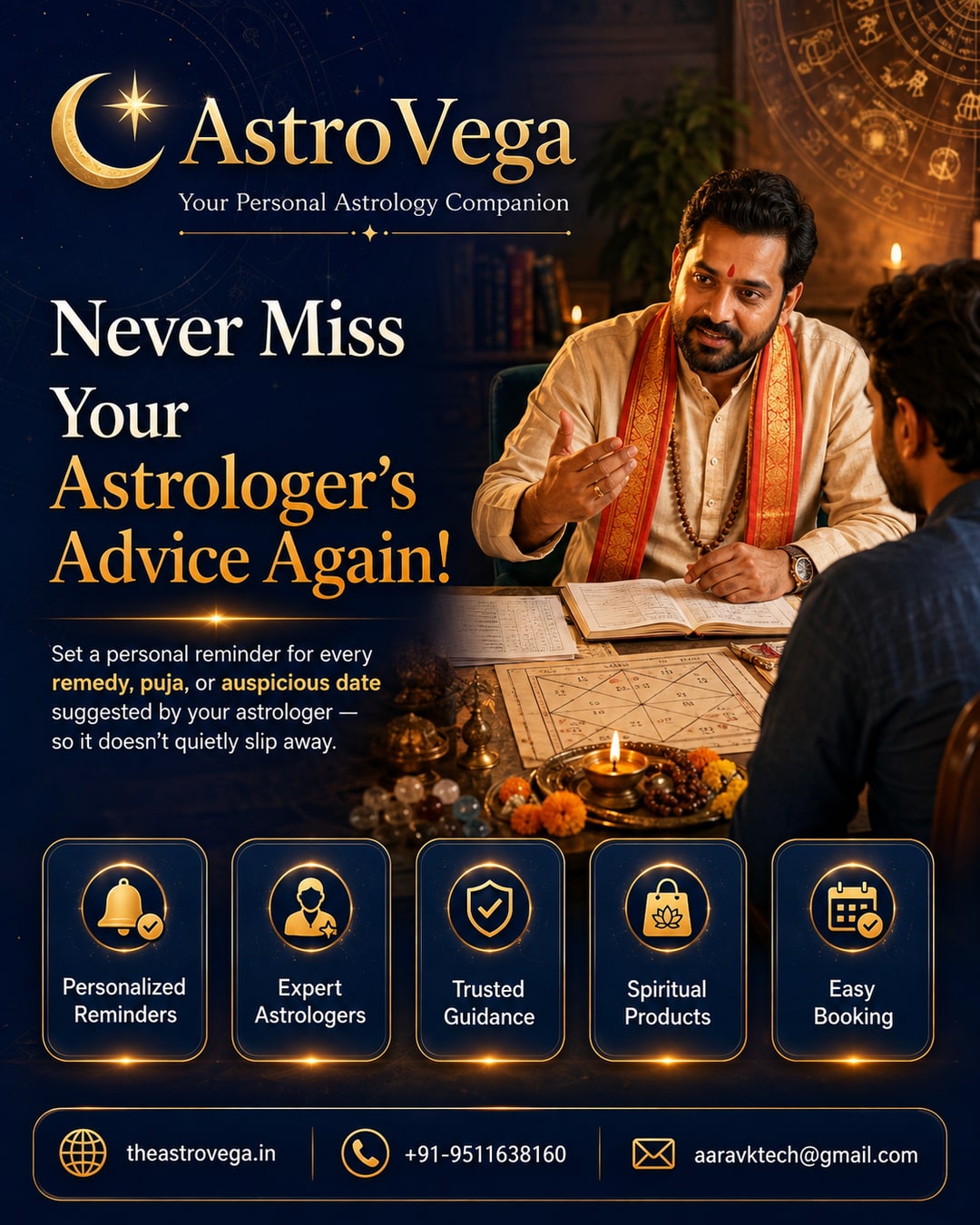 The Remedy Follow-Through Gap: an astrologer suggests a remedy, puja or auspicious date during your AstroVega consultation, but life gets busy and you forget to act on it - AstroVega lets you set a personal reminder against that exact piece of guidance so