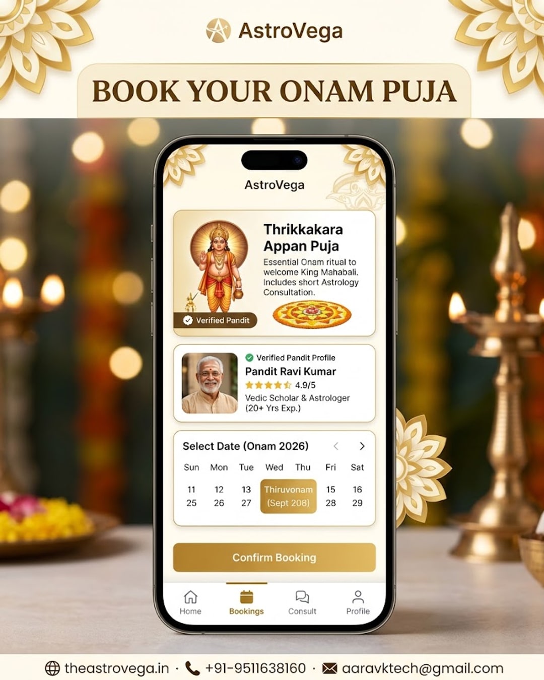 Onam 2026: book a verified Pandit for Thrikkakara Appan puja and a short astrology consultation on AstroVega before Kerala's homecoming festival