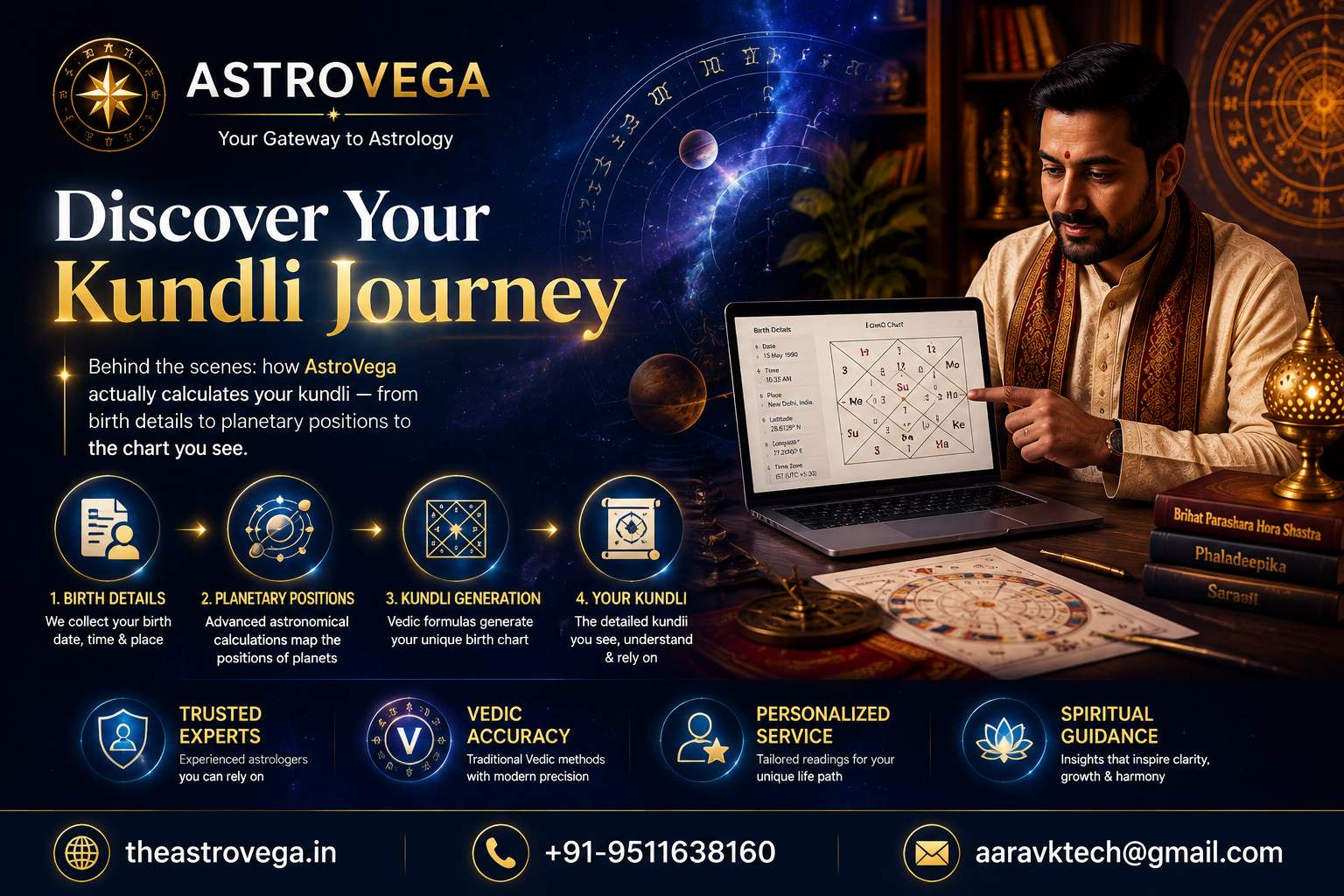 Behind the scenes: how AstroVega actually calculates your kundli — from birth details to planetary positions to the chart you see