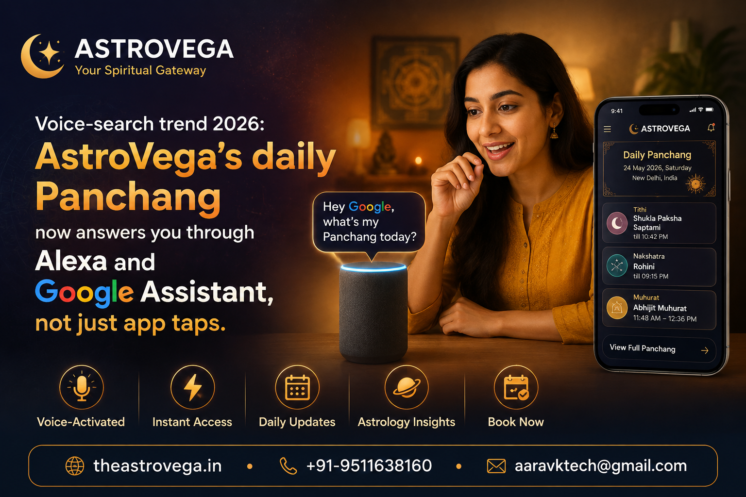 Voice-search trend 2026: AstroVega's daily Panchang now answers you through Alexa and Google Assistant, not just app taps