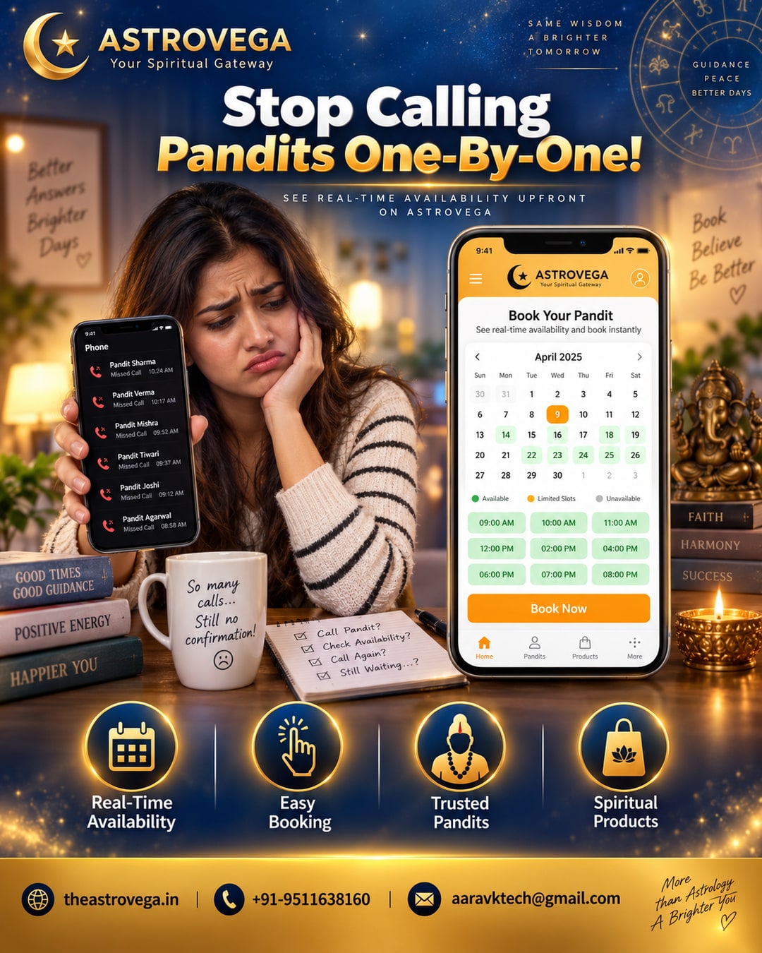 Old Way vs AstroVega Way: Calling Pandits One-By-One to Ask Are You Free vs Seeing Real-Time Availability Upfront