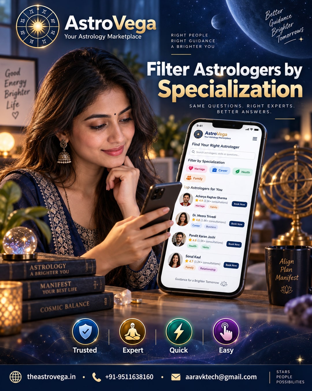 Quick tip: Filter astrologers by specialization (marriage, career, health, family) before you book on AstroVega - not just by rating or availability