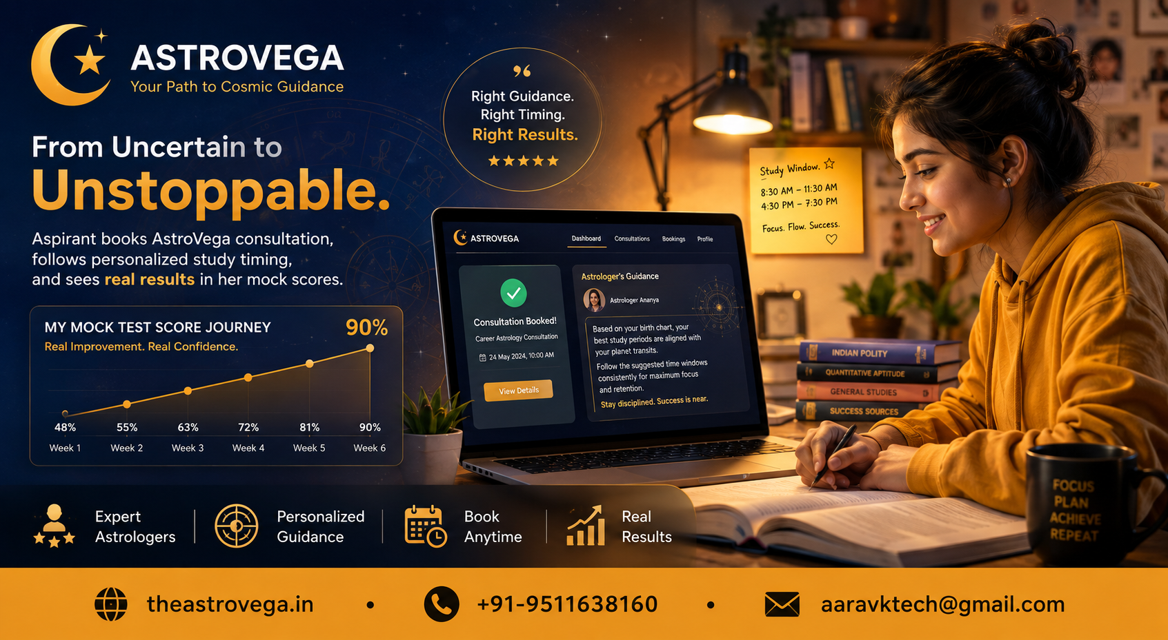 Customer success story: a competitive-exam aspirant booked an AstroVega career astrology consultation before her exam prep sprint, followed the astrologer's suggested daily study-window timing, and tracked a real improvement in her own mock-test score log