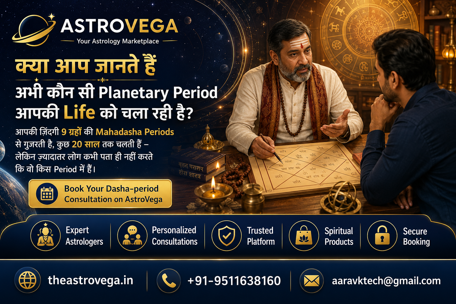 Bold stat hook: your life runs through 9 planetary Mahadasha periods, some lasting up to 20 years — most people never check which one they're in. Book a Dasha-period consultation on AstroVega.