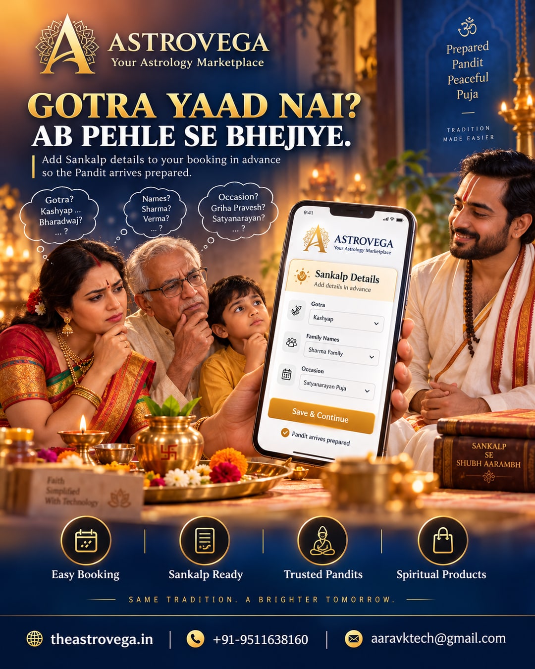 The sankalp scramble: families frantically recalling gotra, names and occasion details on puja day while the Pandit waits - AstroVega lets you add sankalp details to your booking in advance so the Pandit arrives prepared