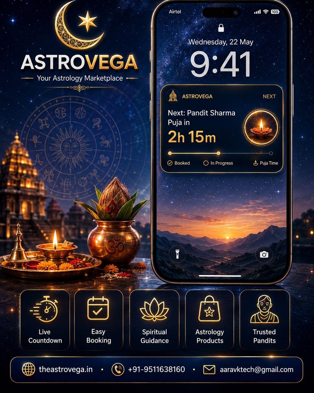 AstroVega iPhone Lock Screen widget: puja and consultation countdown right where you already check the time