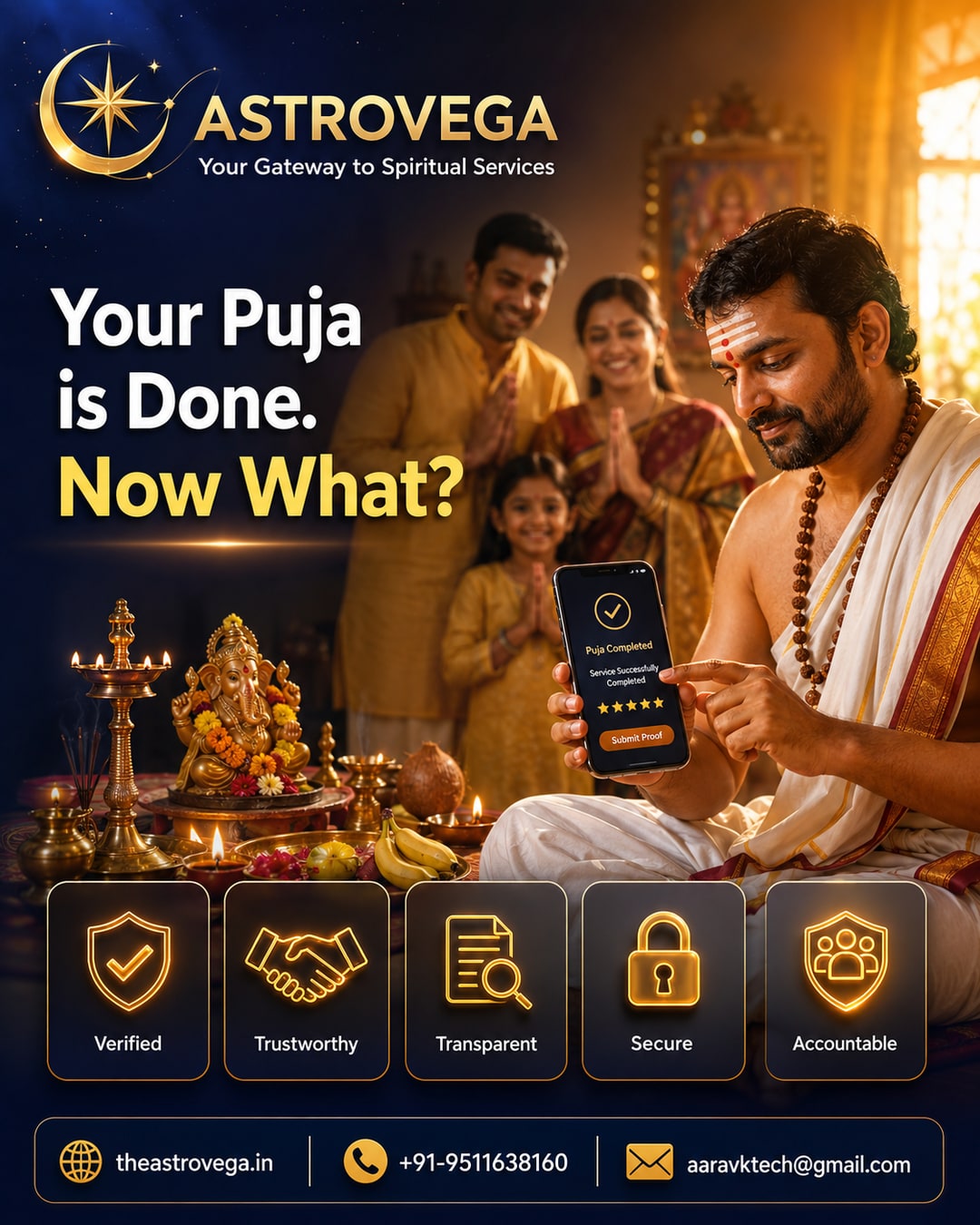 Behind-the-scenes: how AstroVega actually confirms a puja was completed as booked, from ritual end to booking closing on both the customer's and Pandit's side