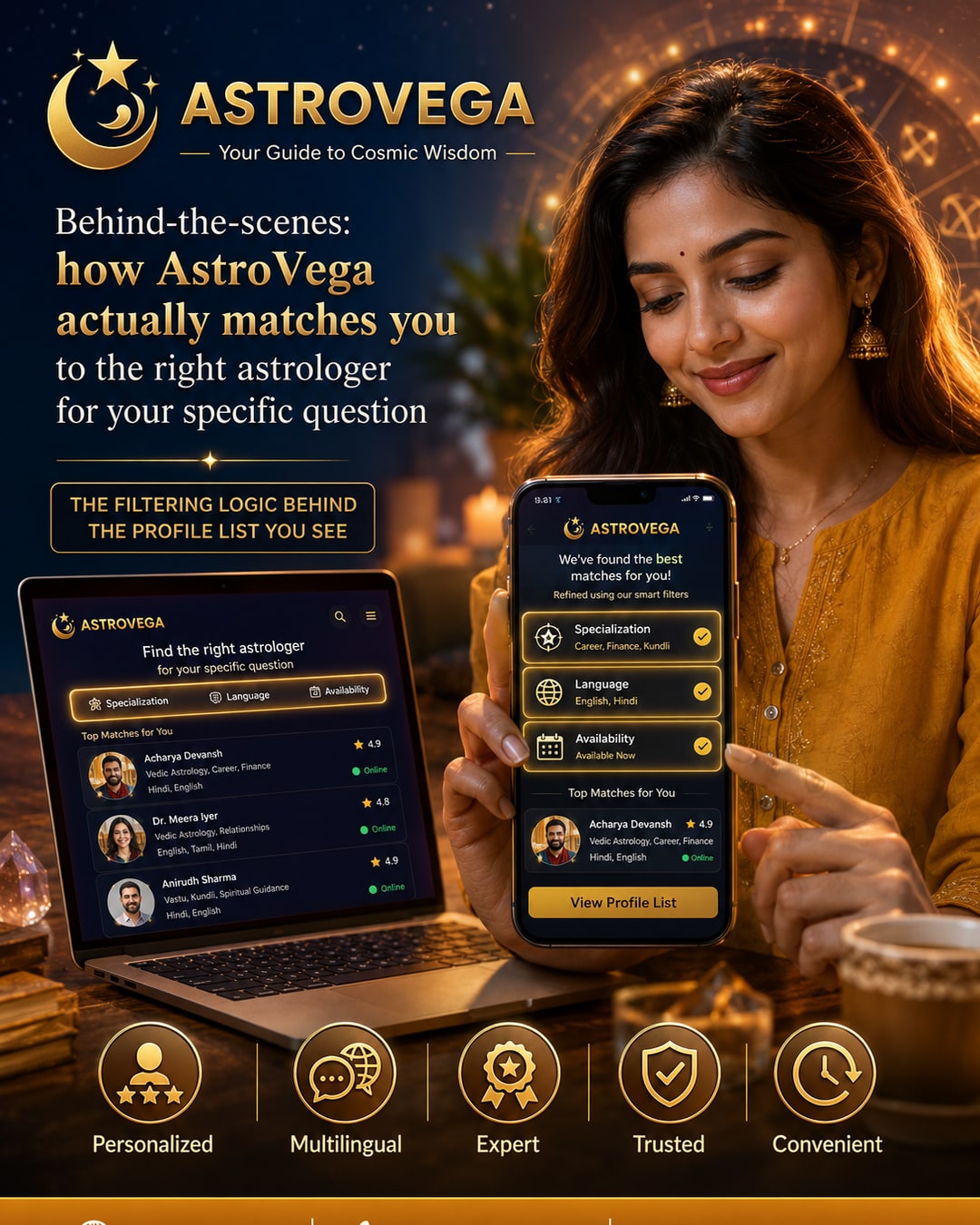 Behind-the-scenes: how AstroVega actually matches you to the right astrologer for your specific question — the filtering logic behind the profile list you see
