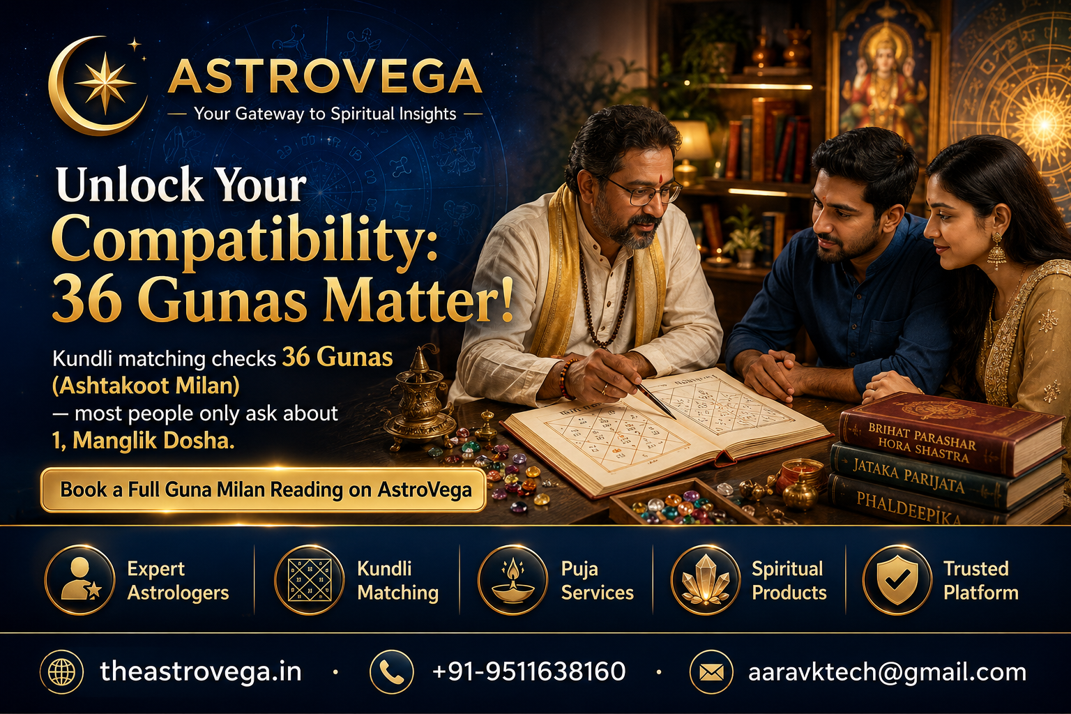 Bold stat hook: Kundli matching checks 36 Gunas (Ashtakoot Milan) - most people only ask about 1, Manglik Dosha. Book a full Guna Milan reading on AstroVega