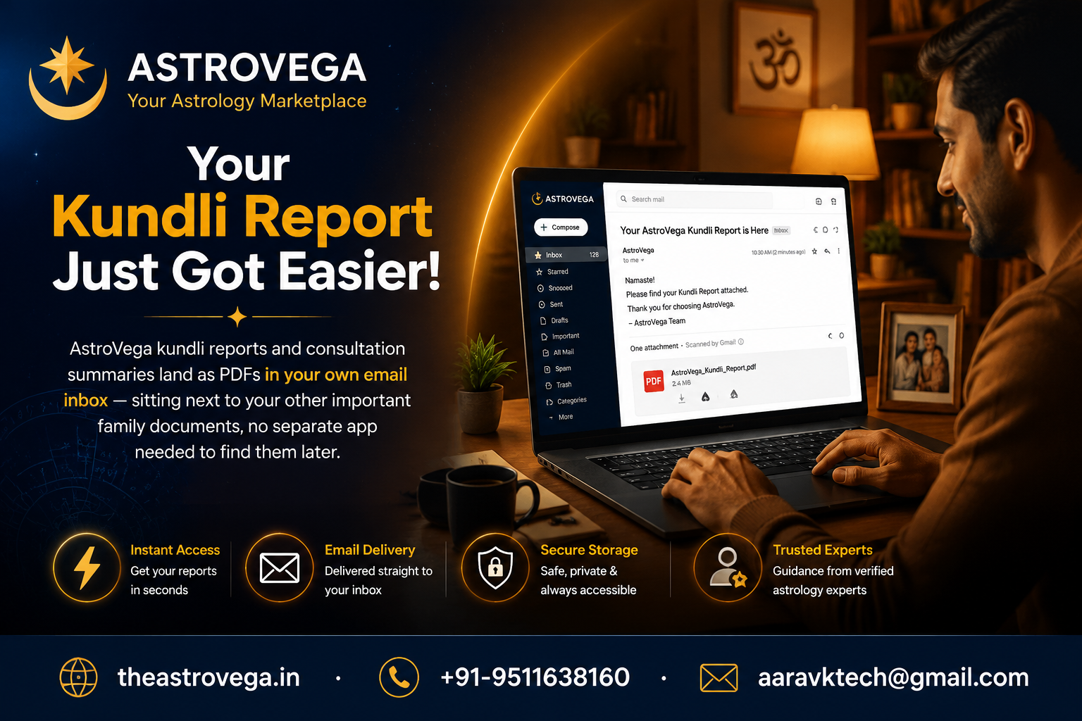 AstroVega kundli reports and consultation summaries land as PDFs in your own email inbox — sitting next to your other important family documents, no separate app needed to find them later