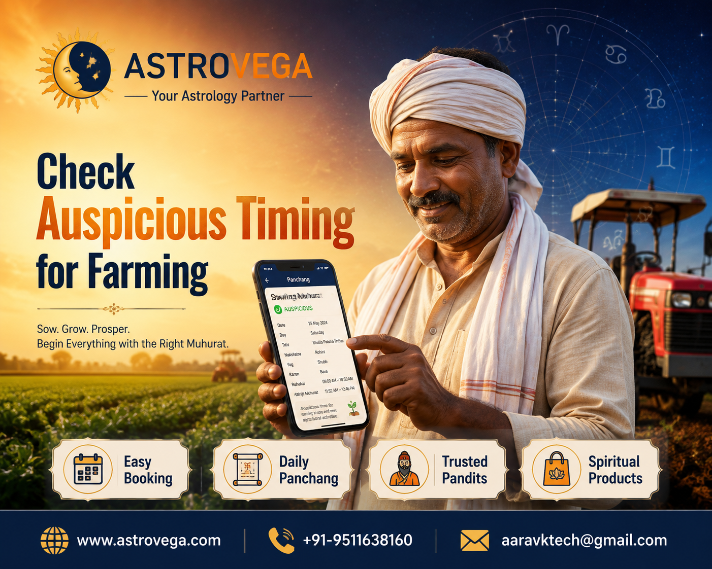 Farmers checking agricultural muhurat on AstroVega before sowing, harvest or buying a new tractor