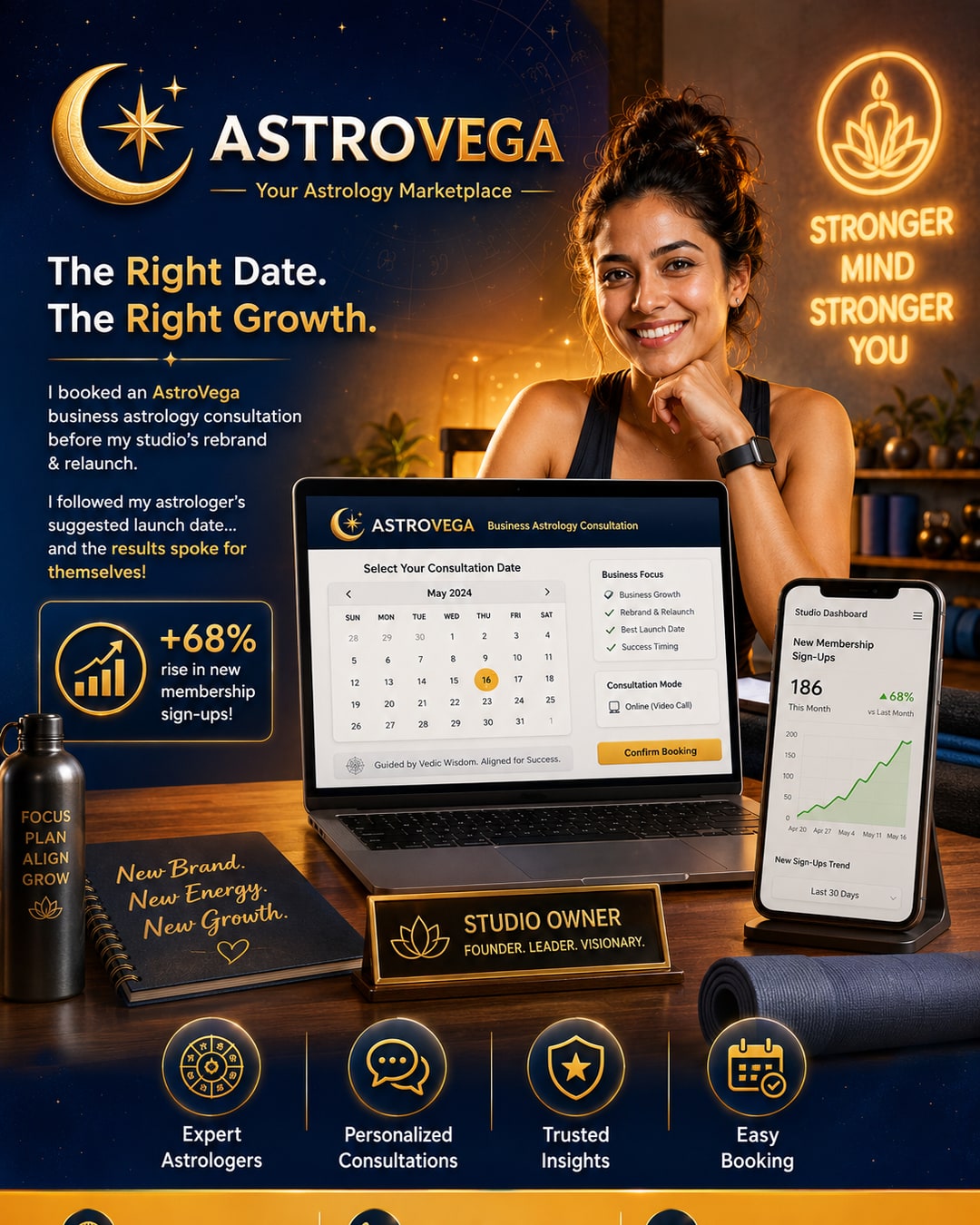Customer success story: a fitness studio owner booked an AstroVega business astrology consultation before her studio's rebrand and relaunch, followed the astrologer's suggested launch date, and tracked a real rise in new membership sign-ups in her own stu