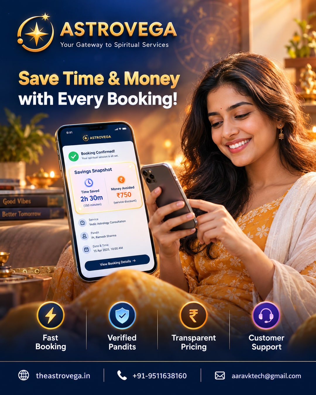 The AstroVega Savings Receipt: see the exact hours and rupees you saved on every booking