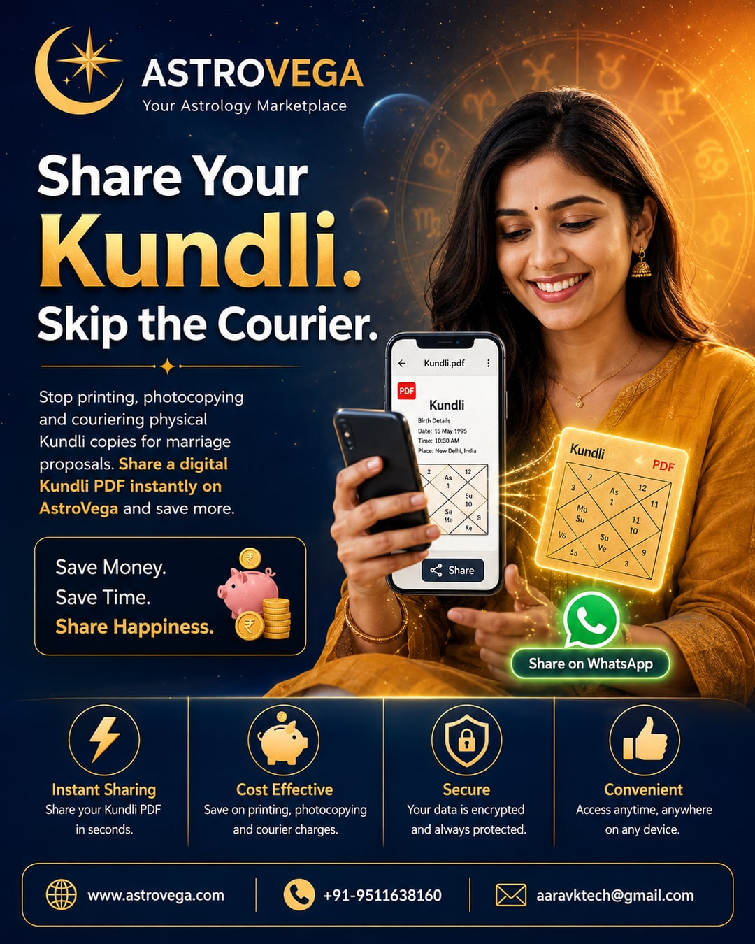 The Kundli Courier Cost: what families save when they stop printing, photocopying and couriering physical Kundli copies for marriage proposals, and share a digital Kundli PDF instantly on AstroVega instead