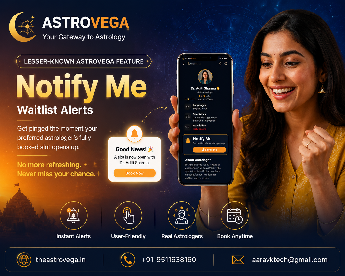 Lesser-known AstroVega feature: Notify Me waitlist alerts - get pinged the moment your preferred astrologer's fully booked slot opens up, instead of refreshing the page again and again