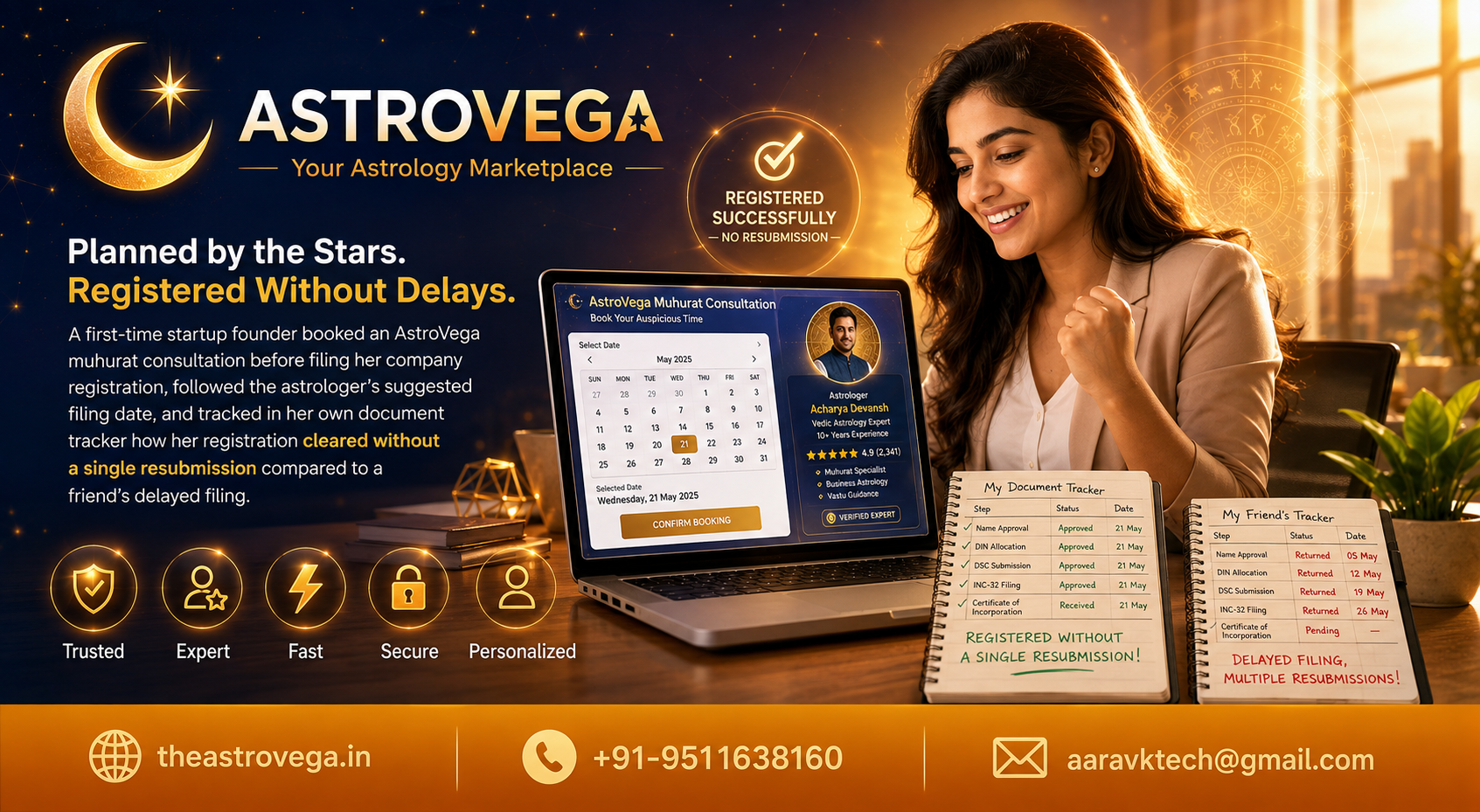 Customer success story: a first-time startup founder booked an AstroVega muhurat consultation before filing her company registration, followed the astrologer's suggested filing date, and tracked in her own document tracker how her registration cleared wit