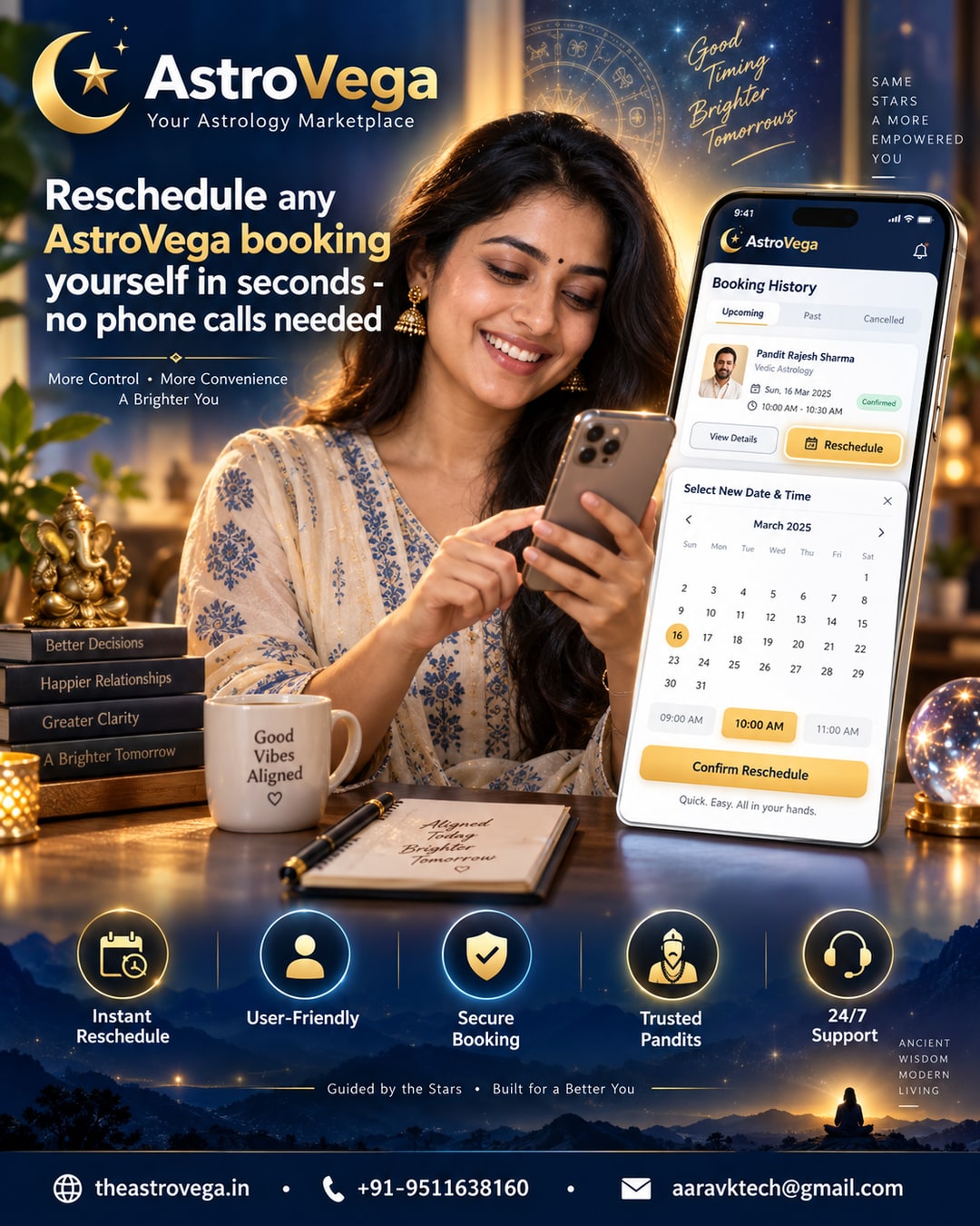 Reschedule any AstroVega booking yourself in seconds - no phone calls needed