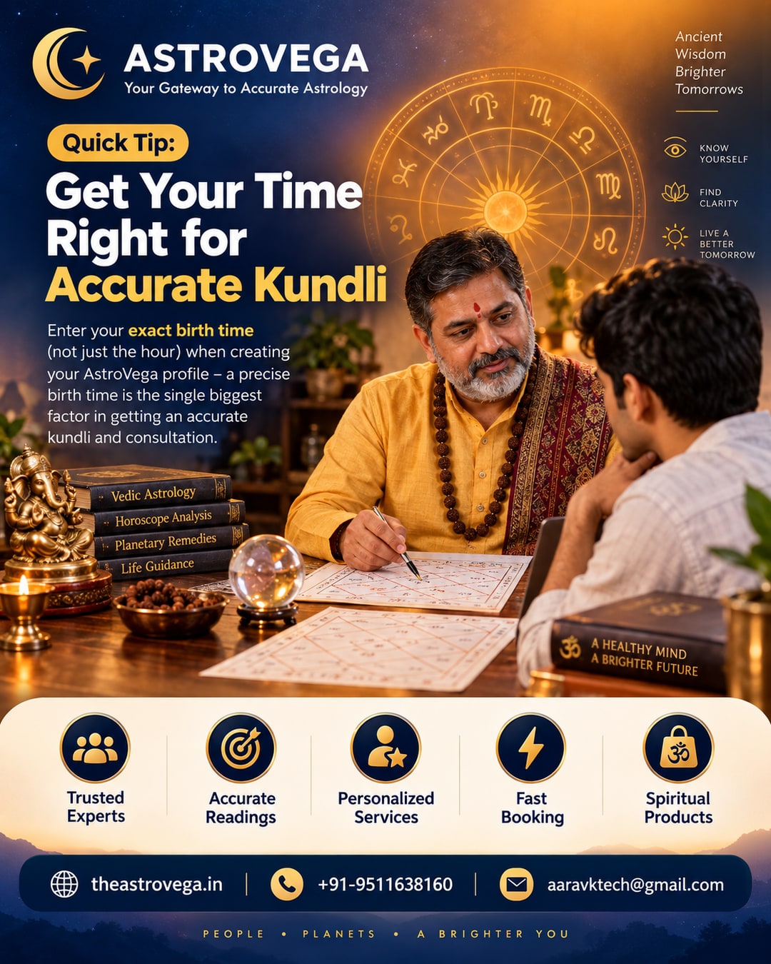 Quick tip: enter your exact birth time (not just the hour) when creating your AstroVega profile - a precise birth time is the single biggest factor in getting an accurate kundli and consultation