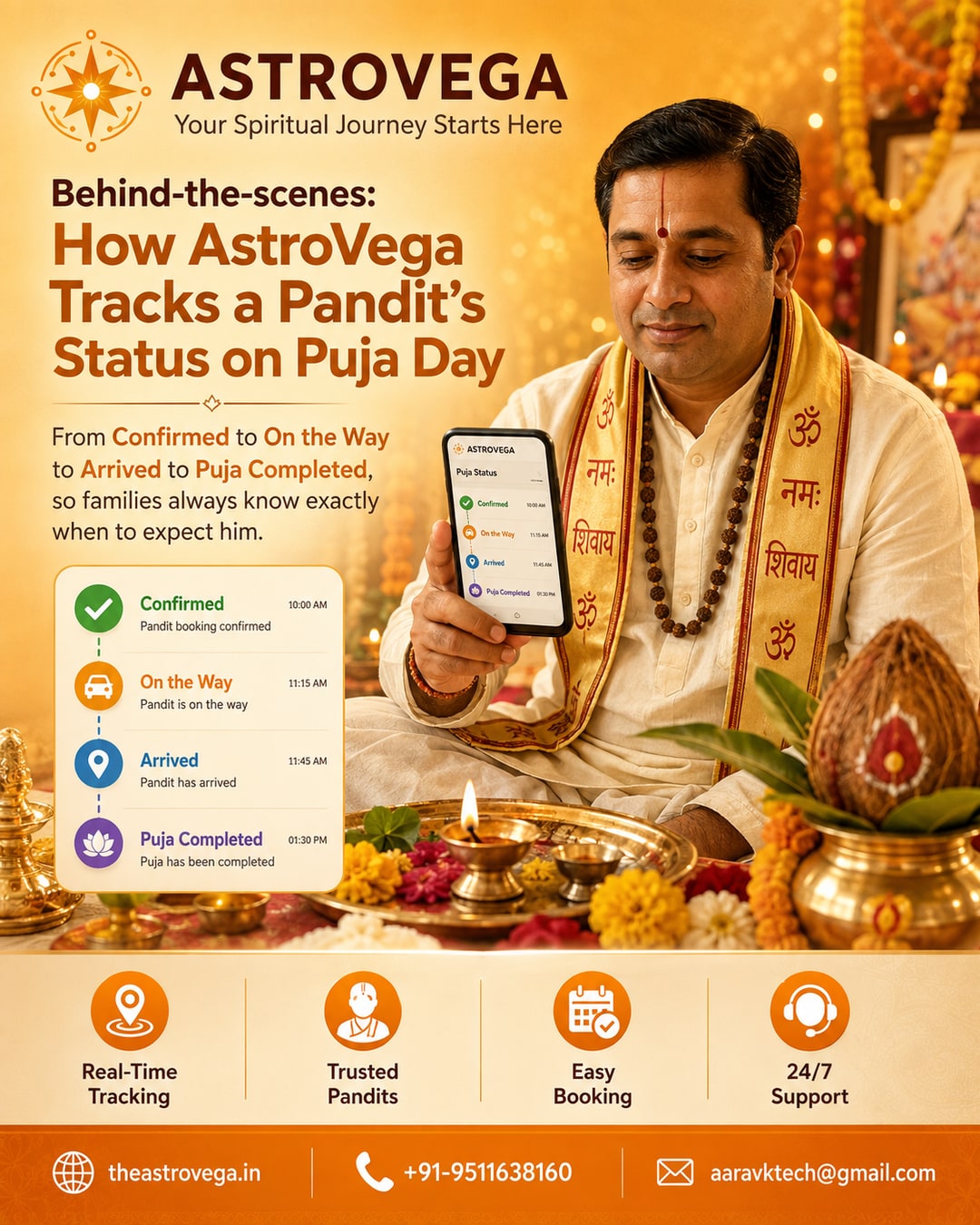 Behind-the-scenes: how AstroVega tracks a Pandit's status on puja day - from Confirmed to On the Way to Arrived to Puja Completed, so families always know exactly when to expect him
