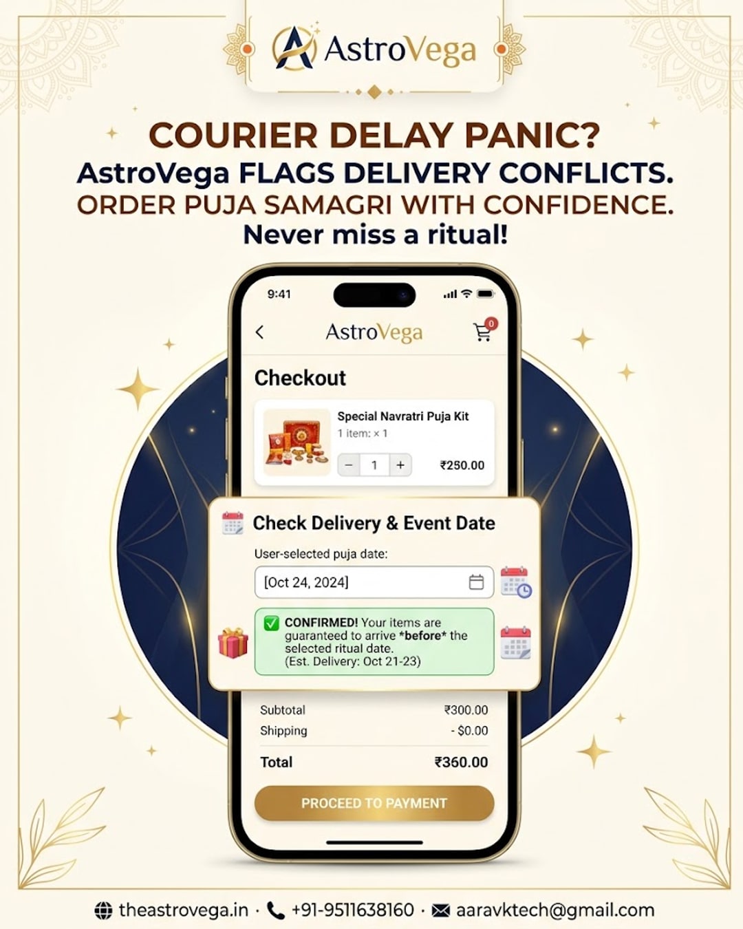 The courier delay panic: customers ordering puja samagri kits close to a festival or ritual date worry the package won't arrive in time — AstroVega flags the delivery-date-vs-event-date conflict right at checkout so nothing gets ordered too late