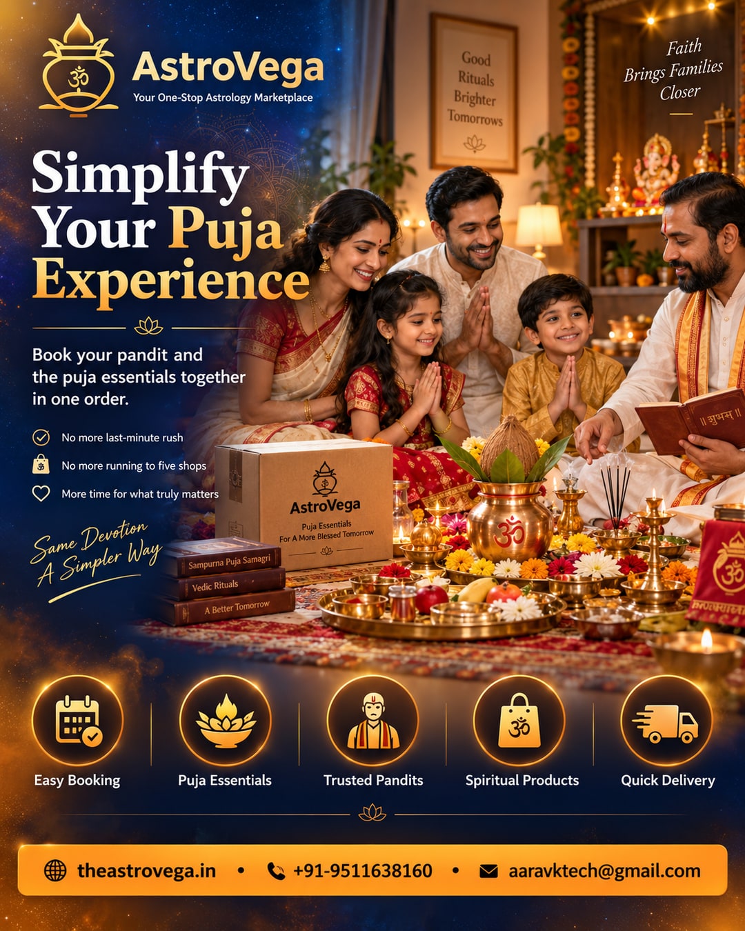 The pre-puja scramble: no more running to five shops for samagri the night before - AstroVega lets you book your pandit and the puja essentials together in one order