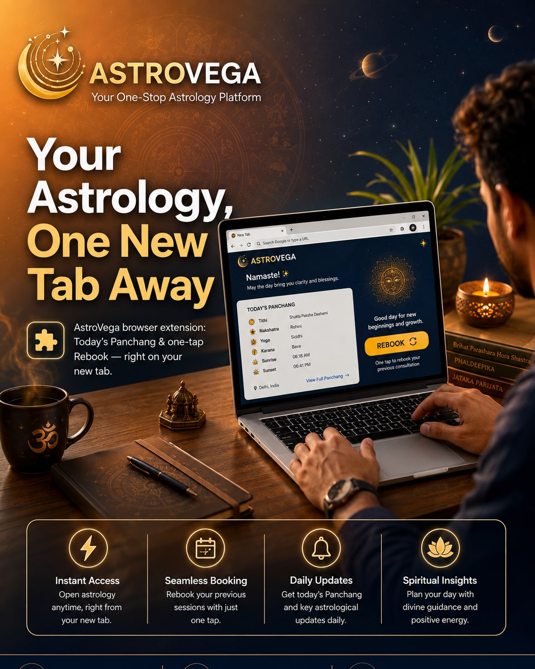 Workflow-integration angle: a free AstroVega browser extension that shows today's panchang and a one-tap rebook button right on your new-tab page — the browser window already open all day for work, not a new app to check