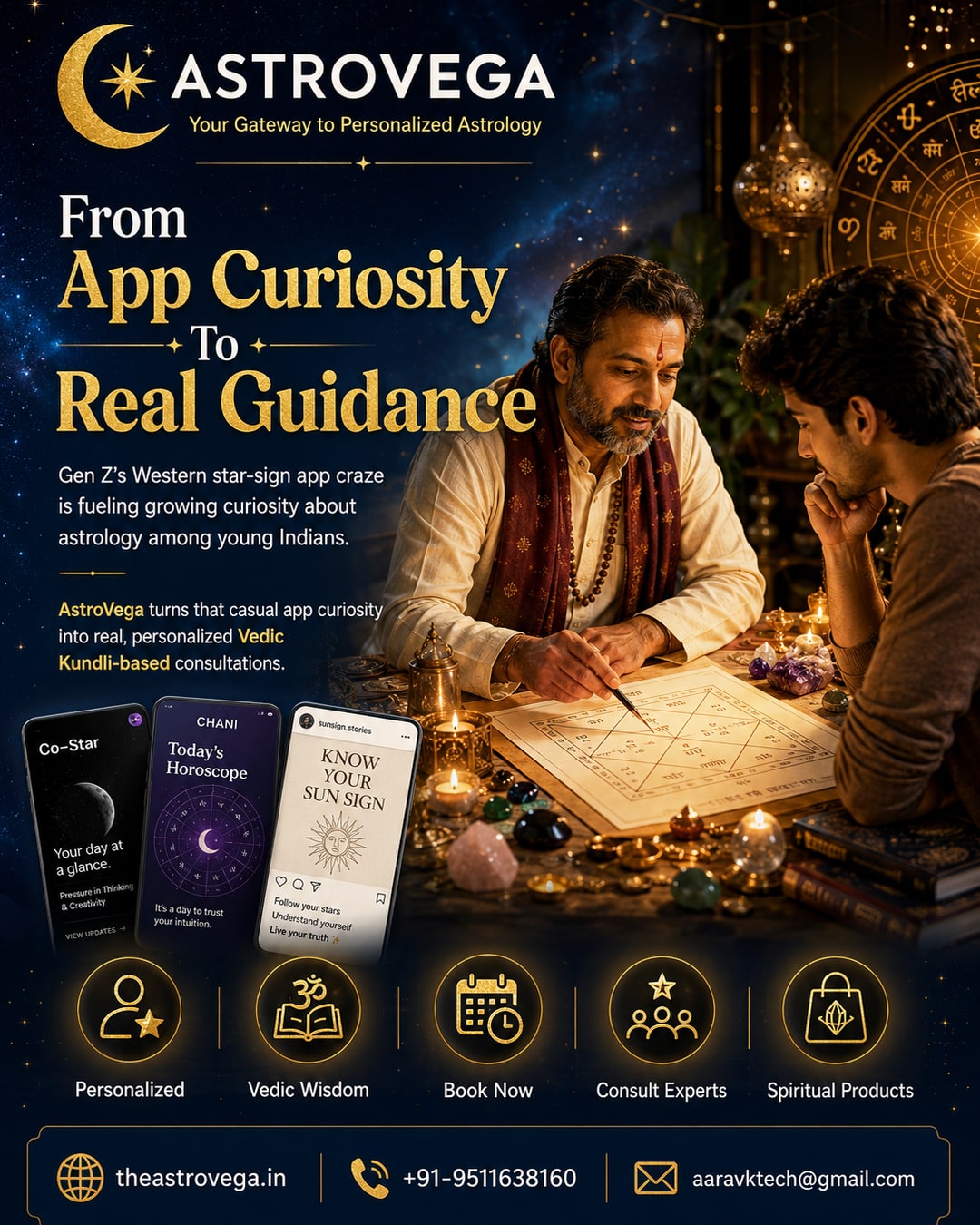 Gen Z's Western star-sign app craze (Co-Star, Chani, sun-sign IG pages) is fueling growing curiosity about astrology among young Indians - AstroVega turns that casual app curiosity into real, personalized Vedic Kundli-based consultations